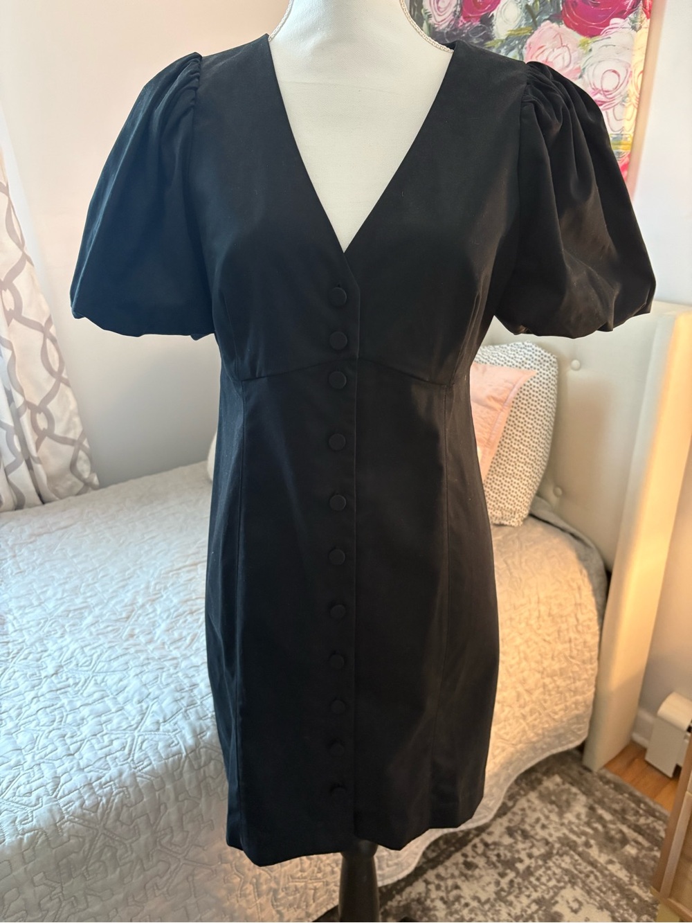 J. Crew Black V-Neck Puff-Sleeve Mini Dress